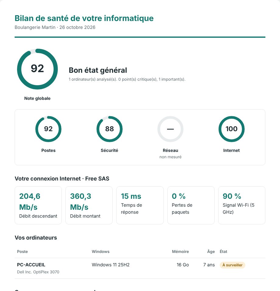 Exemple de rapport de bilan de santé noté 92 sur 100 pour une boulangerie fictive